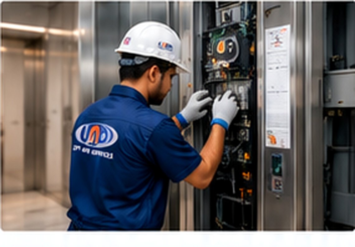 LND certified Indian technician inspecting and wiring elevator electronic control circuitry panel