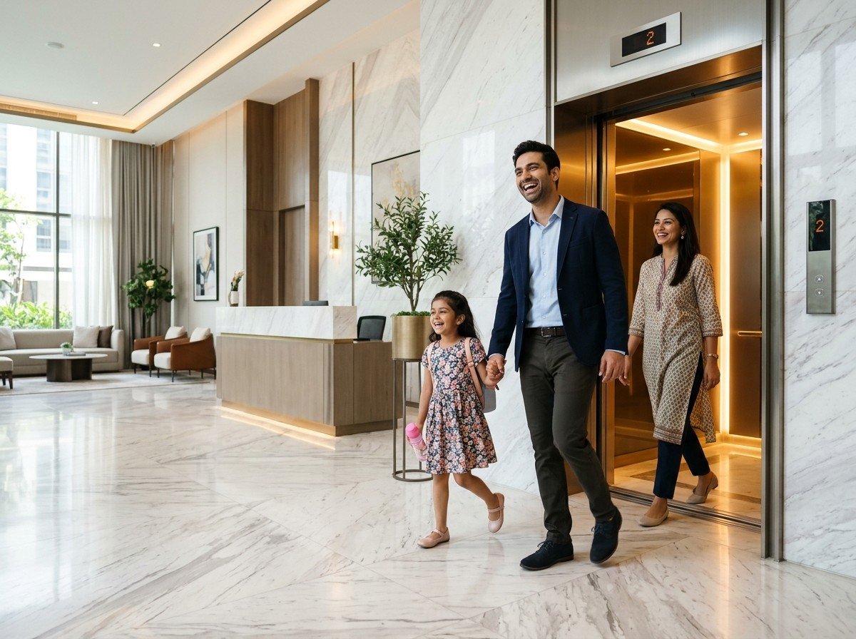 Happy Indian family stepping out of a modern luxury elevator in an apartment lobby
